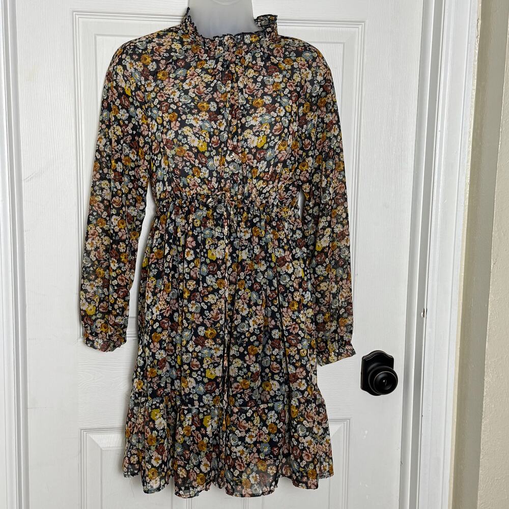 Zara Floral Chiffon Mini Dress Drawstring Waist Tiered Boho Long Sleeve - Picture 3 of 10
